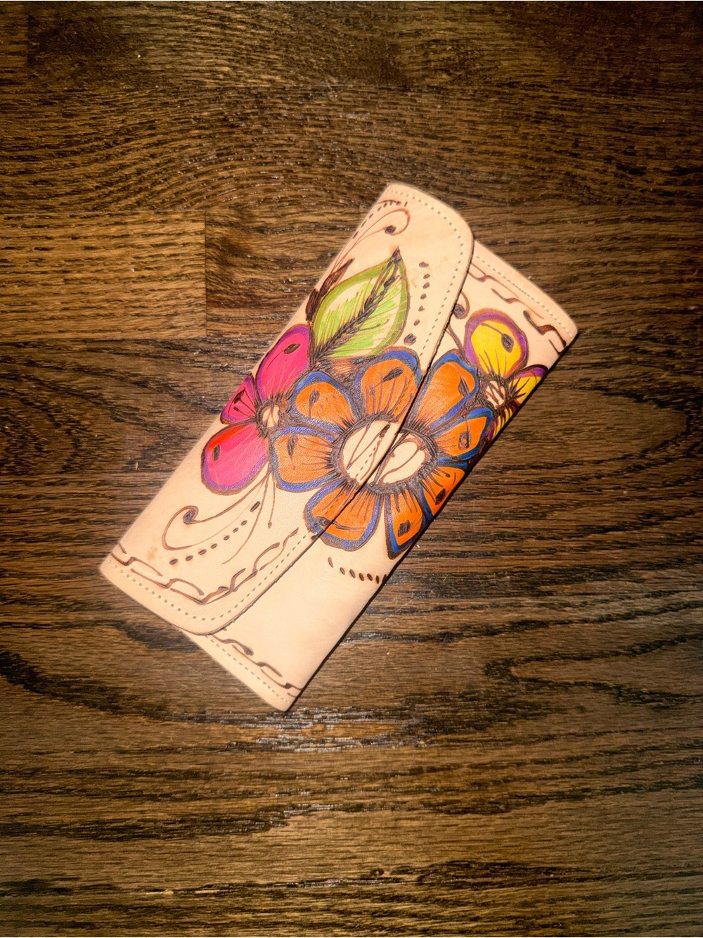 Handmade and Hand Painted Floral Leather Wallet - from Mexico
